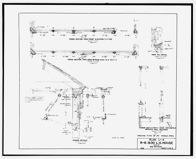25. Photocopy of "Sheet 4 of 8" showing Window Details, Door Sill Detail, Vertical Wall Sections, and Cross Sections Thru Front, Side and Rear Elevations. From a 1932 set of building plans made for the U.S. Department of Agriculture, Forest Service and labeled "R-6 1930 L.O. House, 14' x 14', 1932 Revision, designed by K.E. Banks." In handscript, each drawing is also labeled with "Ground Type 'D' for Horse Pack." Original drawing in the collection of Entiat Ranger Station, Wenatchee National Forest, Entiat, WA. - Badger Mountain Lookout, .125 mile northwest of Badger Mountain summit, East Wenatchee, Douglas County, WA