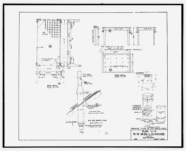 28. Photocopy of "Sheet 7 of 8" showing Bunk Detail, Table Detail and R-6 Standard Safety Flue. From a 1932 set of building plans made for the U.S. Department of Agriculture, Forest Service and labeled "R-6 1930 L.O. House, 14' x 14', 1932 Revision, designed by K.E. Banks." In handscript, each drawing is also labeled with "Ground Type 'D' for Horse Pack." Original drawing in the collection of Entiat Ranger Station, Wenatchee National Forest, Entiat, WA. - Badger Mountain Lookout, .125 mile northwest of Badger Mountain summit, East Wenatchee, Douglas County, WA
