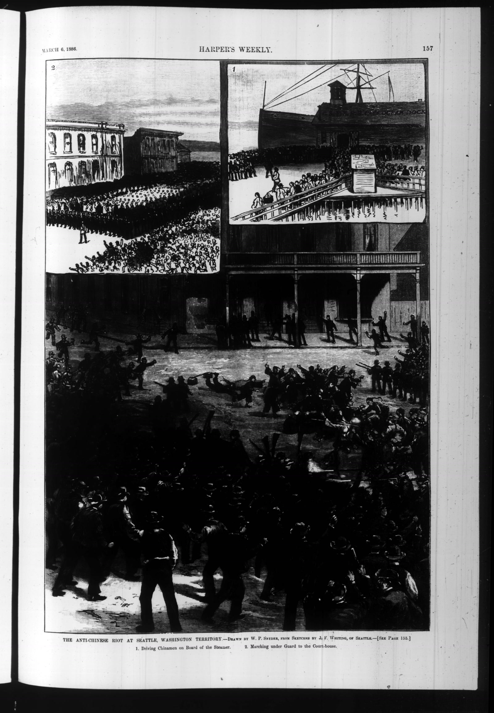 Newspaper page of three engravings: a crowd and a steamer at a waterfront dock (top right), armed guards marching a column along a street (top left), and a large crowd brawling in a muddy street before a two-storey building with a balcony (below).
