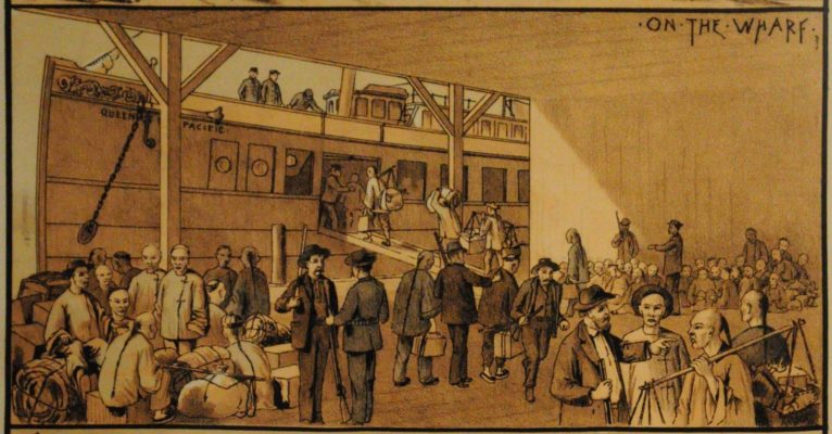 Engraving of a crowded covered wharf beside the hull of a steamship; Chinese men and women with bundles and baskets stand among white men in hats and long coats.
