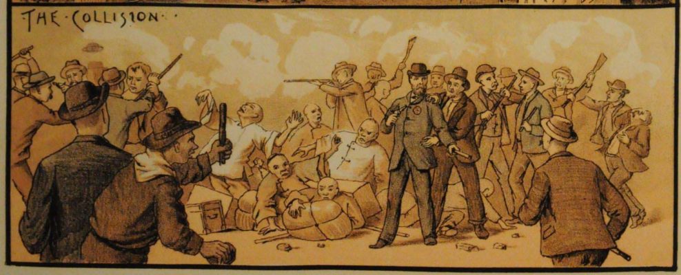 Engraving of a chaotic struggle: men in hats and coats grapple and brandish guns and clubs while figures in loose clothing are knocked to the ground.